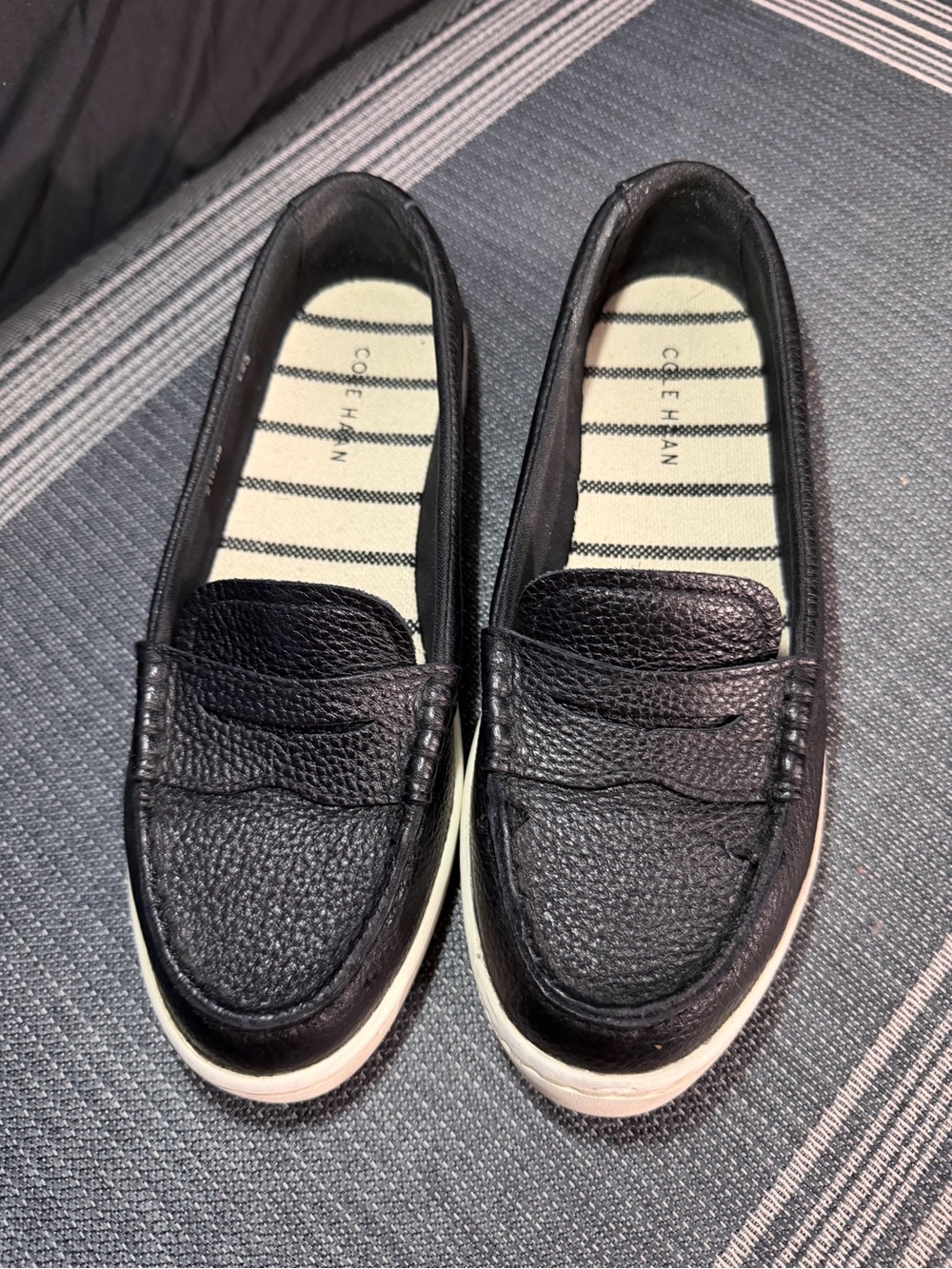 Cole Haan Black Pebbled Leather Slip-On Loafers with White Sole